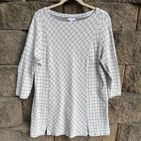 J Jill Shift Dress Sz: LPetite Ponte Knit Ivory Black Diagonal Check Stretch - Picture 1 of 3
